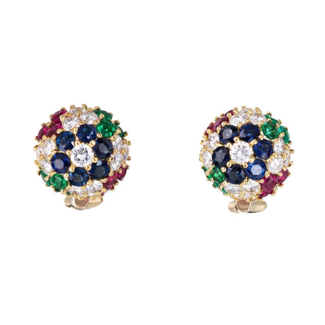 Gemstone Cluster Earrings Dome Vintage 18k Yellow Gold Diamond Sapphire Ruby - 2 Pieces For Sale - Image 4 of 4