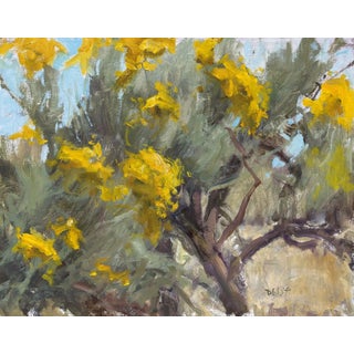 Sunny Chamisa by Harold Deist | Oil on canvas Painting of yellow chamisa flowers and green foliage For Sale
