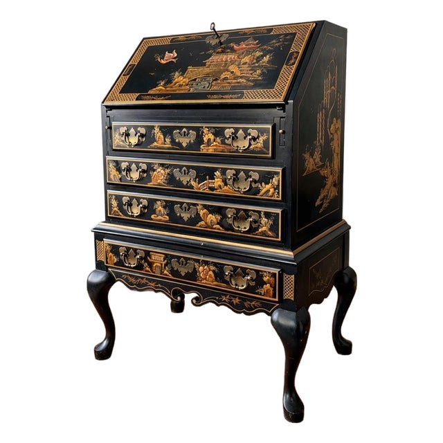 Vintage Maddox Chinoiserie Black Lacquer Secretary Desk For Sale