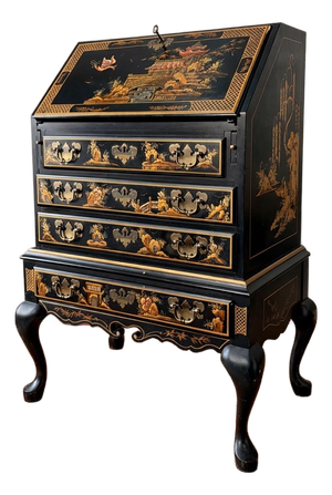 Vintage Maddox Chinoiserie Black Lacquer Secretary Desk