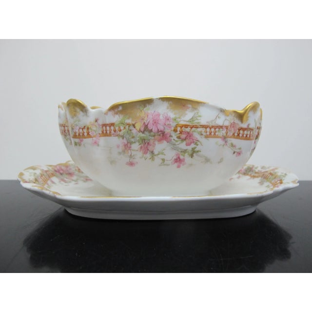 French Haviland Limoges Pink Yellow & Gold Flower Gravy Sauce Boat Bowl W/ Underplate For Sale - Image 3 of 8