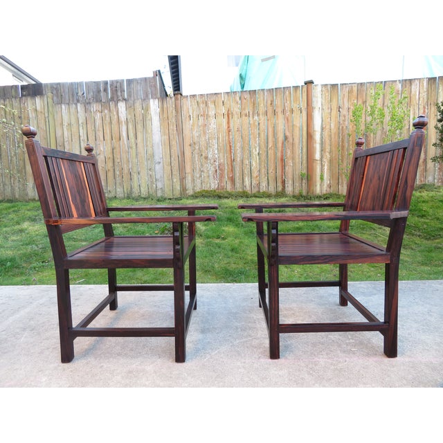 Mortise & Tenon Exotic Wood Arm Chair Pair ~ Ziricote or Macassar ~ Mid Century Rosewood ~ Arts and Crafts Style For Sale - Image 12 of 15