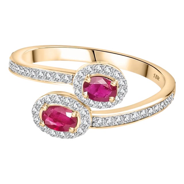 Ruby Diamond Bypass Ring 18k Yellow Gold Size 6 For Sale