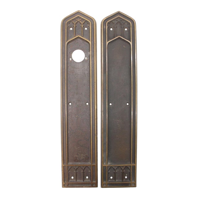 Pair of 18 In. Bronze Corbin Gothic Door Push Plates For Sale
