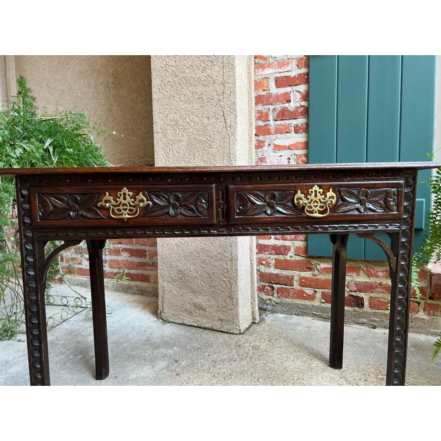 Brown Antique English Sofa Console Table Jacobean Carved Oak Foyer Table C1890 For Sale - Image 8 of 18