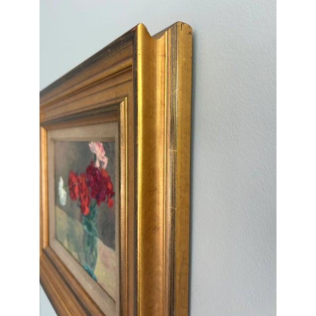 Impressionist Vintage Signed Original Oil on Board Still Life Red, Pink & White Carnations in Blue Glass Vase For Sale - Image 3 of 15