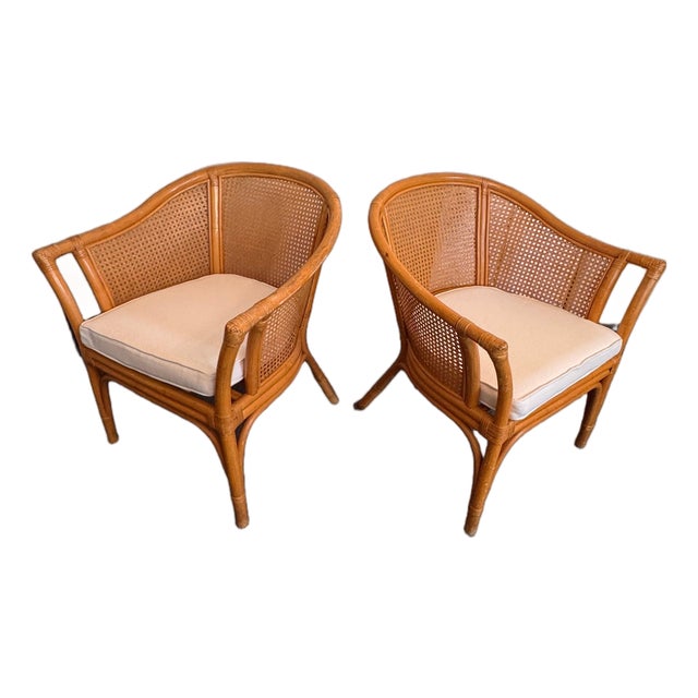 Vintage McGuire Style Rattan & Cane Barrel Back Armchairs, C. 1980s For Sale