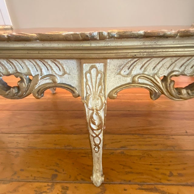 1940s French Provincial Style Kidney-Shaped 5 Leg Coffee Table With Inlaid Marquetry Top and Glass Overlay For Sale - Image 9 of 18