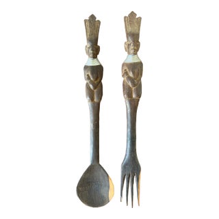 Vintage African Carved Wood Salad Serving Spoon and Fork Utensils For Sale