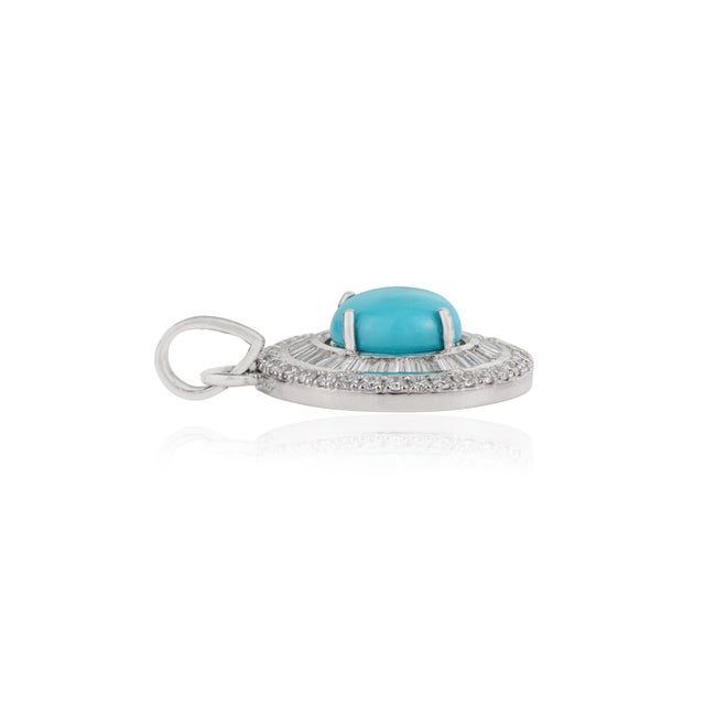 Metal Certified 14k White Gold 1.46ct Round Turquoise & Baguette Diamond Halo Pendant For Sale - Image 7 of 16