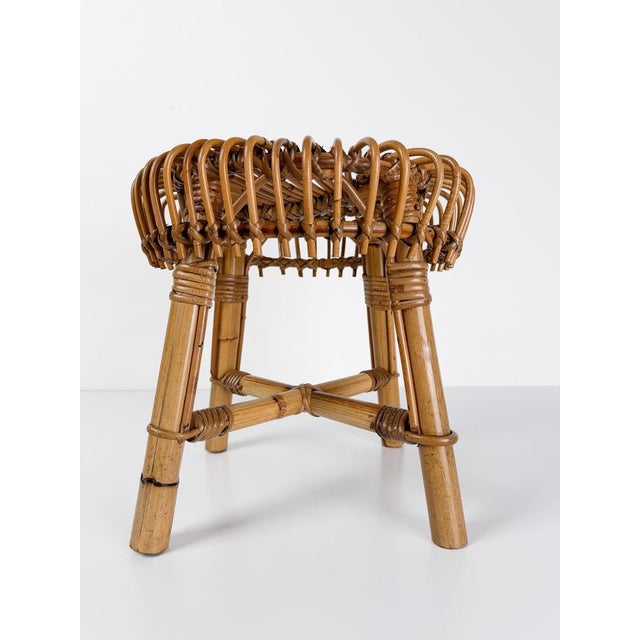 Mid-Century Italian Handcrafted Cane Bamboo & Rattan Stool in the style of Albini for Tito Agnoli, 1960s For Sale - Image 9 of 18