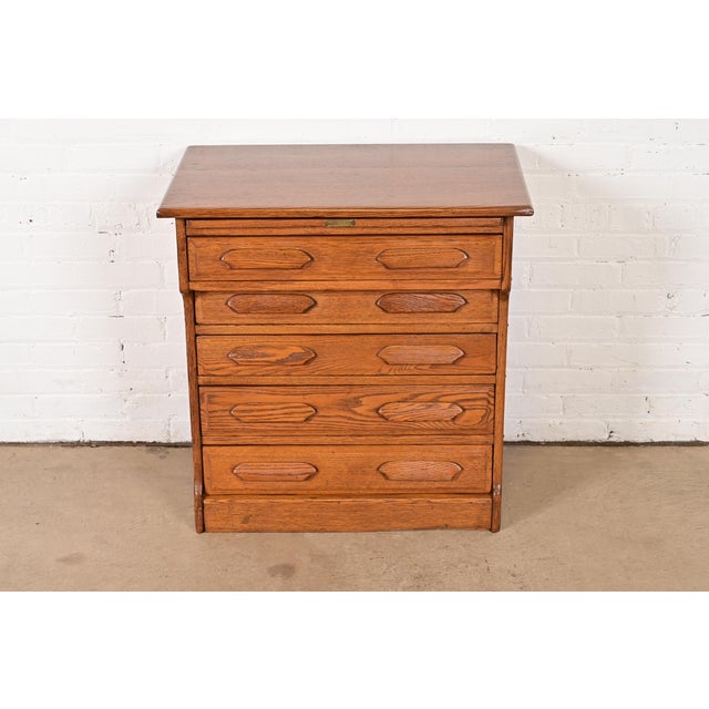 Mission Antique Arts & Crafts Carved Oak Five-Drawer Flat File or Chest of Drawers, Circa 1900 For Sale - Image 3 of 14