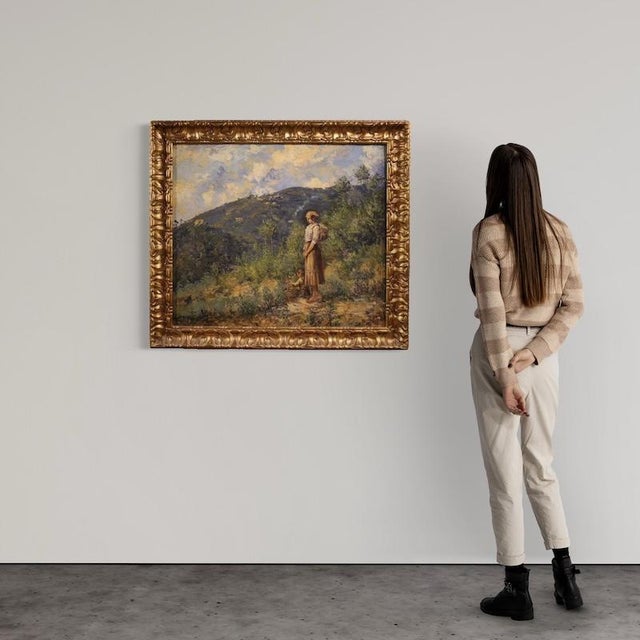 Italian painting dated 1914. Artwork oil on canvas, first canvas, depicting a view of the Ligurian hills with a young...