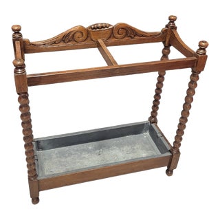 Rare Late 19th-Century English Oak Umbrella Stand With Removable Zinc Tray – Hand-Carved Victorian Décor For Sale