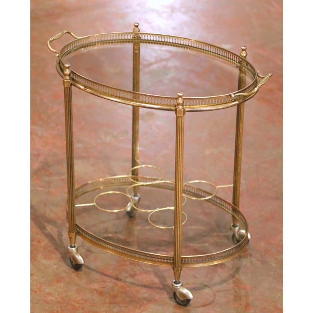Mid 20th Century Mid-Century French Brass Oval Bar Cart With Bottle Holder and Glass Shelf For Sale - Image 5 of 9