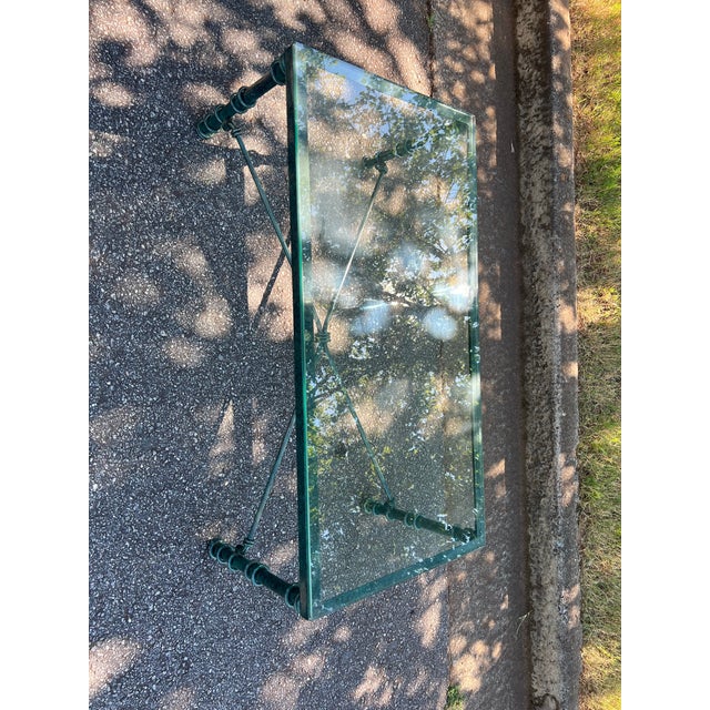 Up for consideration is a beautiful vintage brutalist faux Verdigri green metal and glass top coffee table. This would...