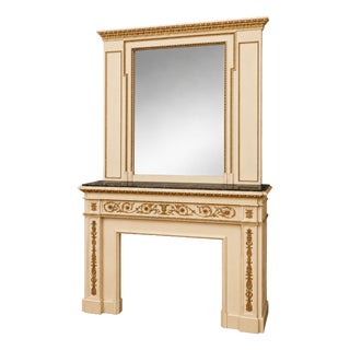 Louis XVI Style Fireplace with Overmantel in Lacquered Wood with Gilt Highlights For Sale