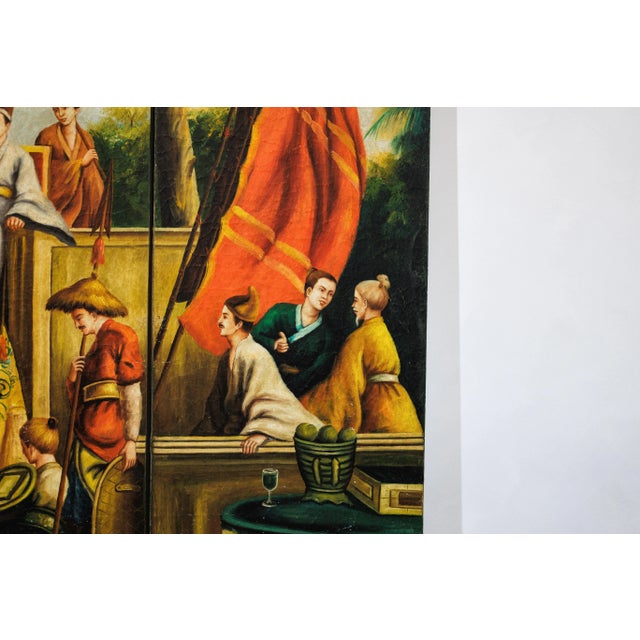 Chinese Hand-Painted Four-Panel Chinese Export Screen with Tropical Court Scene For Sale - Image 3 of 12