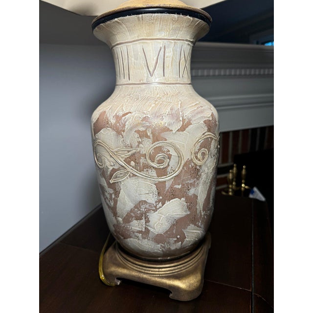Transitional Late 20th Century Tall Gilded Urn Form Pottery Table Lamp With Shade For Sale - Image 3 of 6