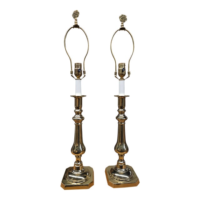 Pair of Virginia MetalCrafters Neoclassical Solid Polished Brass CandleStick Table Lamps For Sale