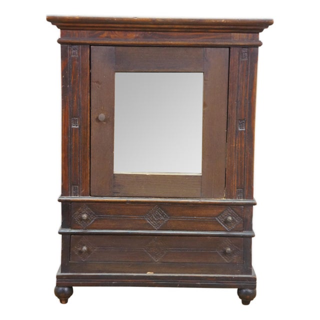 Antique Oak Salesman Sample Mirrored Dollhouse Armoire Wardrobe Cabinet 16" For Sale