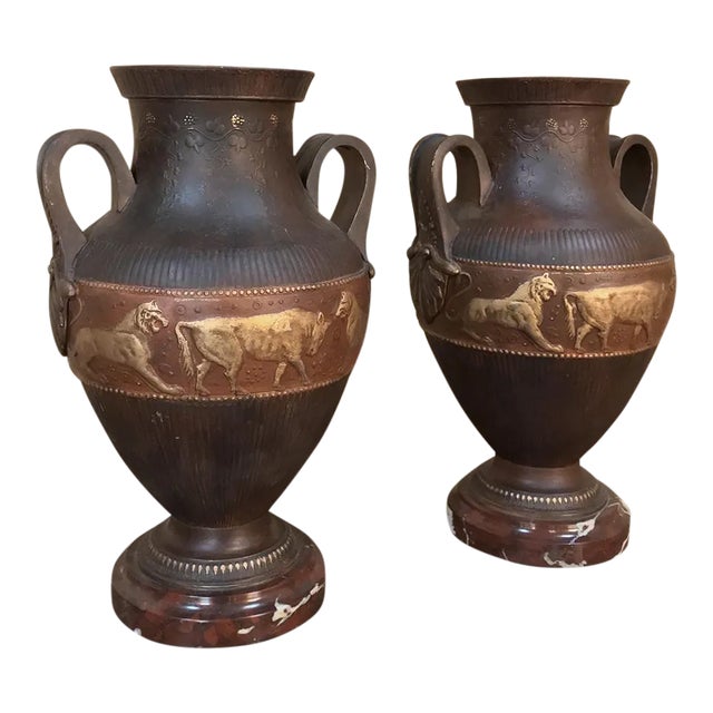Vases, Art Deco Period in Grecian Style, in Painted Spelter on Marble Bases - a Pair For Sale