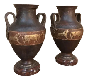 Vases, Art Deco Period in Grecian Style, in Painted Spelter on Marble Bases - a Pair