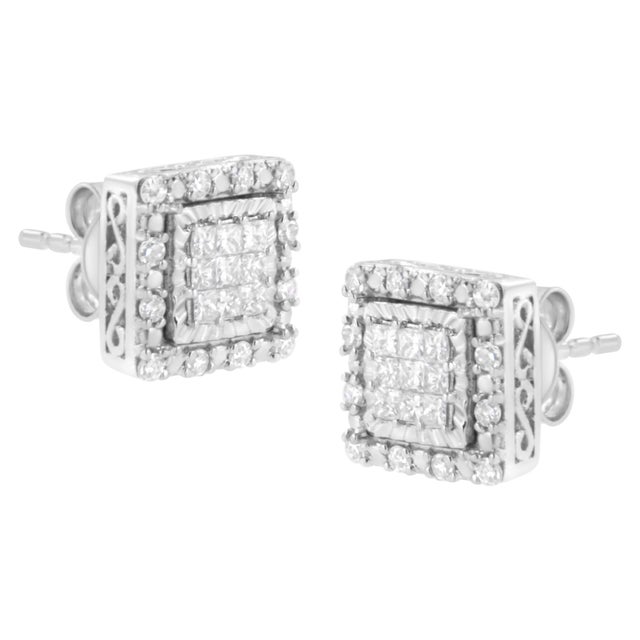 Haus of Brilliance 10K White Gold 1/2 cttw Invisible Set Princess-Cut Diamond Square Stud Earring (I-J Color, I1-I2 Clarity) - 2 Pieces For Sale - Image 4 of 6