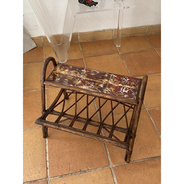 Rattan Magazine Rack with Ceramic Tile Shelf, 1970s For Sale - Image 9 of 18