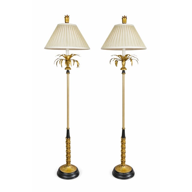 Vintage Italian Gilt Tole Palm Frond Floor Lamps - A Pair For Sale - Image 14 of 14
