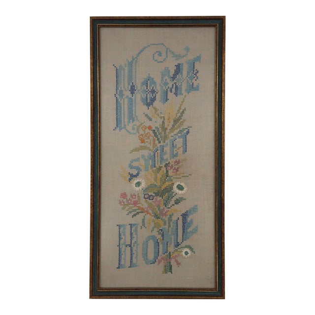 Vintage Home Sweet Home Hand Embroidered Sampler Floral Needlework For Sale