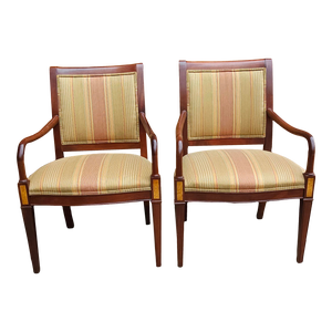 Pair Hickory Chair Federal Style Mahogany & Inlay Upholstered Mahogany Armchairs