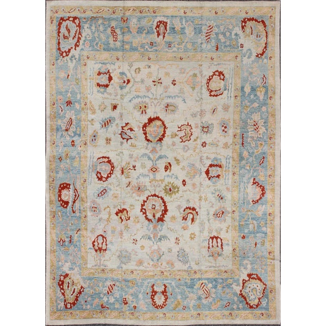 Large Angora Oushak Turkish Rug With All Over Design in Light Blue, Ivory & Red For Sale - Image 13 of 13
