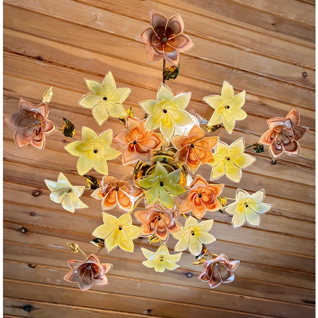1980s Italian Floral Glass Flush Mount With 21 Yellow & Brown Murano Style Flowers For Sale - Image 12 of 18