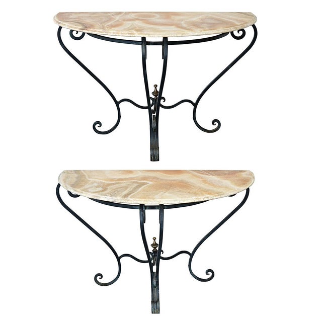 Early 20th Century Early 20th Century French Pair of Onyx & Iron Demilune Consoles For Sale - Image 5 of 13