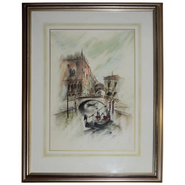 Midcentury Framed Venetian Watercolor Artist Signed For Sale - Image 9 of 9