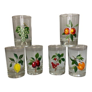 Vintage 1960s West Virginia Glass Co. Fruit Motif Juice Glasses- Set of 6 For Sale