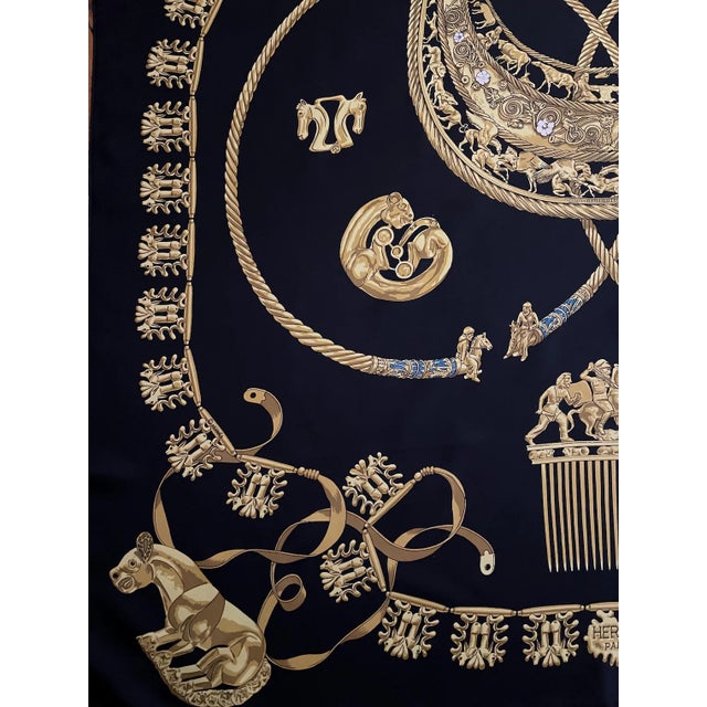 Navy Blue HERMÈS les CAVALIERS d'OR Silk Scarf 1991 Rybaltchenko Vladimir For Sale - Image 8 of 8