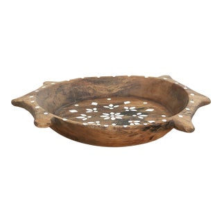 Rustic Wood Artisanal Bowl W/Floral Design For Sale