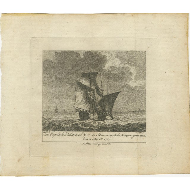 Gold Simon Fokke after Hendrik Kobell, American Privateer Captures an English Packet Boat, 1777, Paper For Sale - Image 8 of 9