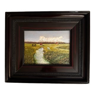 Vintage Pastoral Landscape Oil Painting in Mahogany-Tone Beaded Frame For Sale