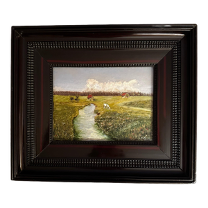 Vintage Pastoral Landscape Oil Painting in Mahogany-Tone Beaded Frame