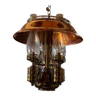 Vintage Tall Polished Brass & Copper Hanging Pendant Lighting Chandelier For Sale