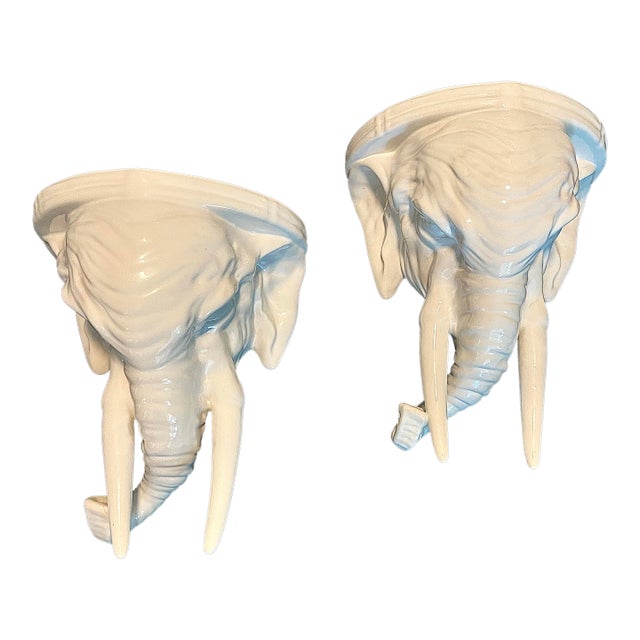 Mid-Century White Glaze Elephant Head Wall Brackets- A Pair For Sale