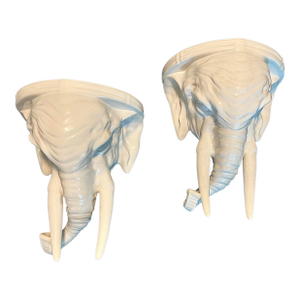 Mid-Century White Glaze Elephant Head Wall Brackets- A Pair