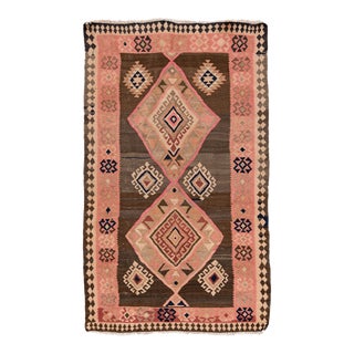 Vintage Kilim Handmade Flatweave Brown Geometric Wool Runner 4' 9'' X 7' 9'' For Sale