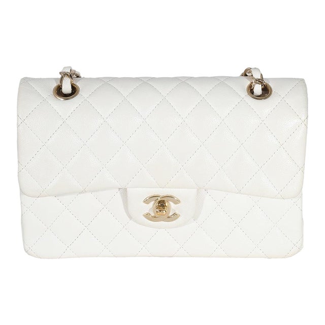White Quilted Caviar Small Classic Double Flap Handbag For Sale