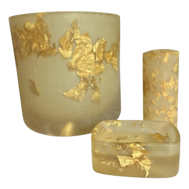 1990s Vintage Martha Sturdy Suspended Gold Leaf in Resin Bathroom Set - 3 Pieces For Sale