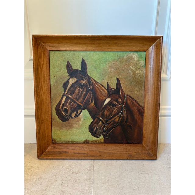 Fantastic Vintage 1959 Equestrian Oil Painting. Well done portrait of two handsome chocolate horses. The larger with a...