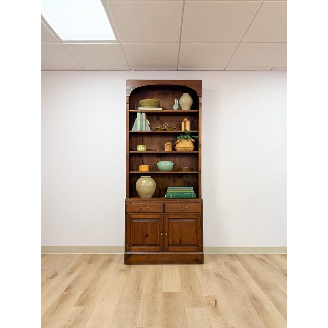 Handmade Pine Walnut Tone Bookcase Desk Drawers Cabinet Antique Style For Sale - Image 11 of 16